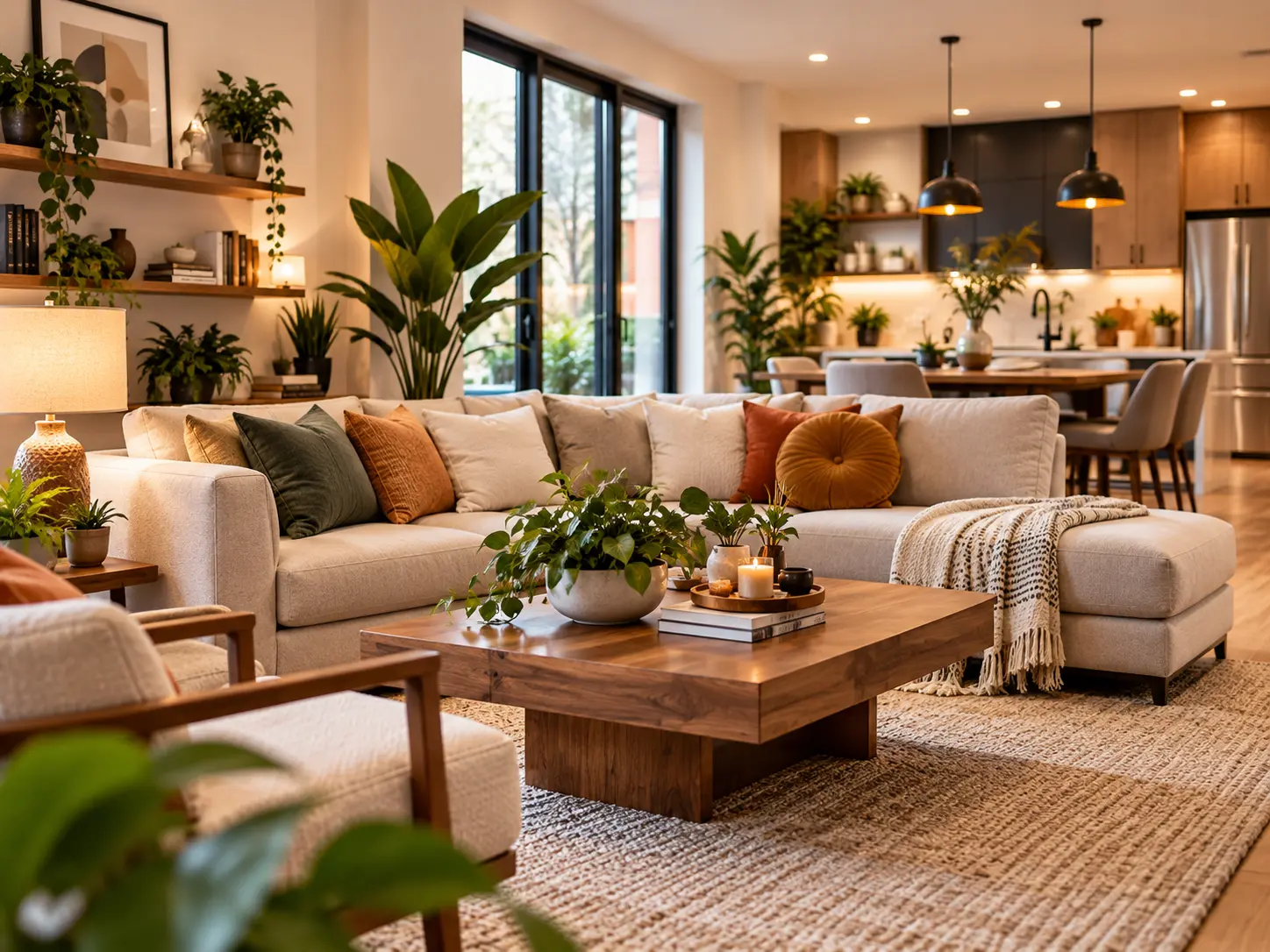 Staged shared living room with ivory seating and an open kitchen