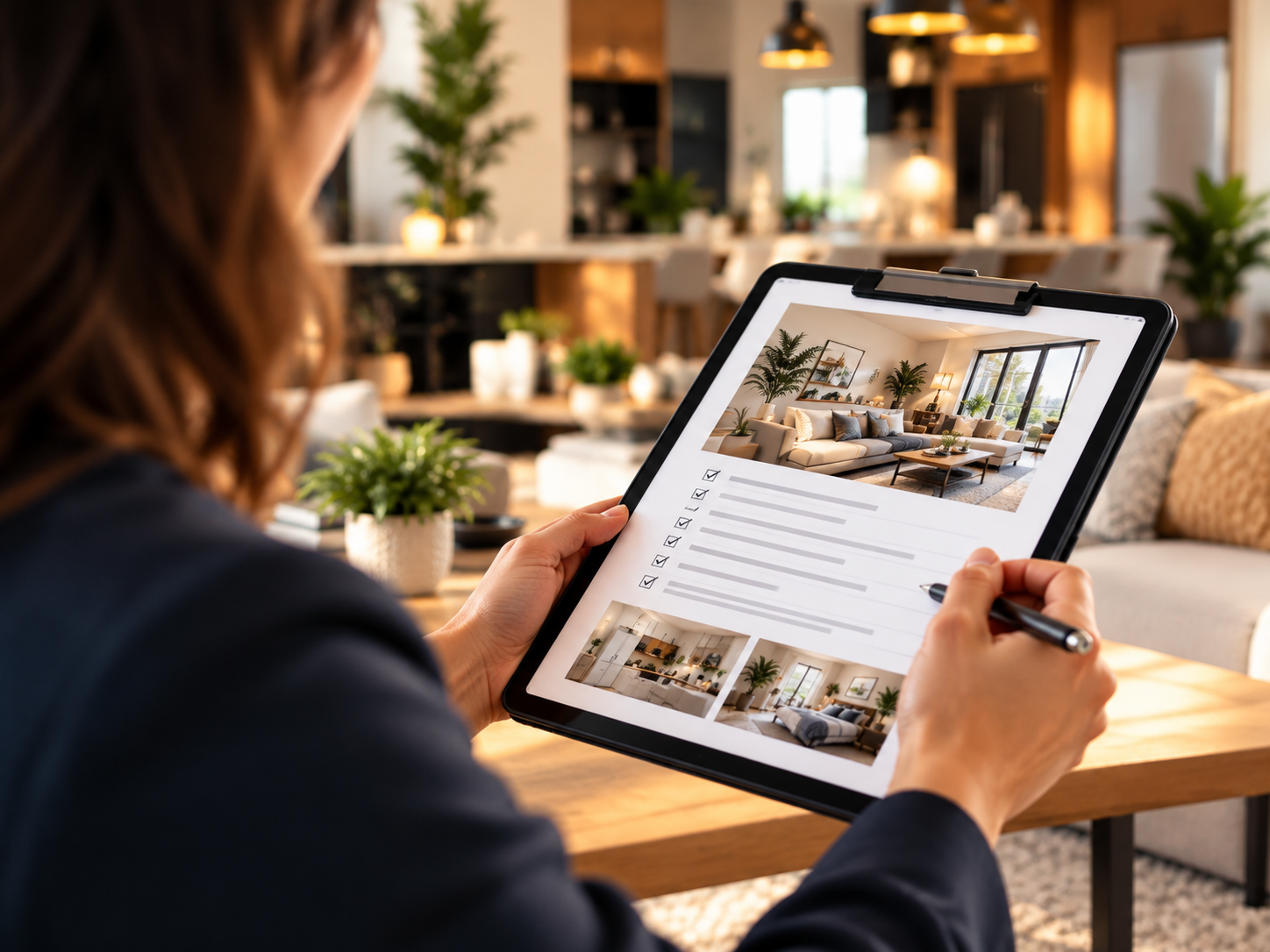 Property review checklist and interior photos on a tablet