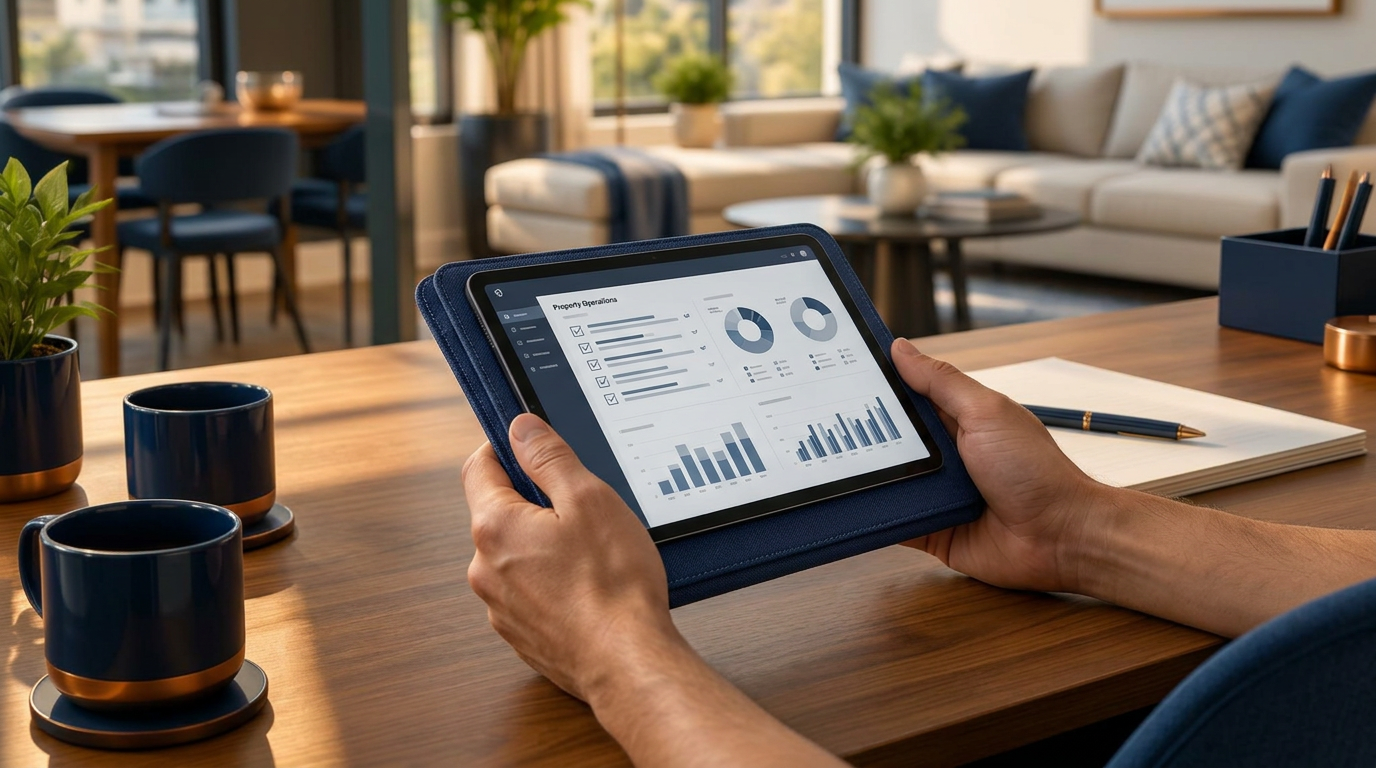 Illustrative owner reviewing property information on a tablet