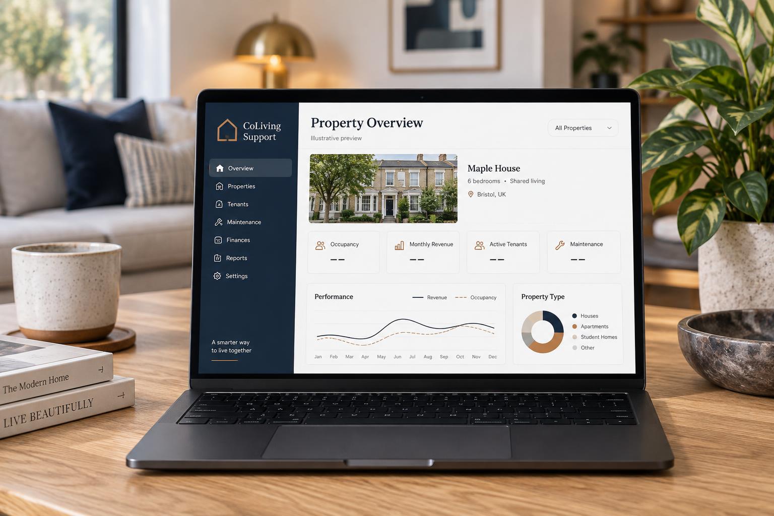 Illustrative laptop displaying an owner property dashboard